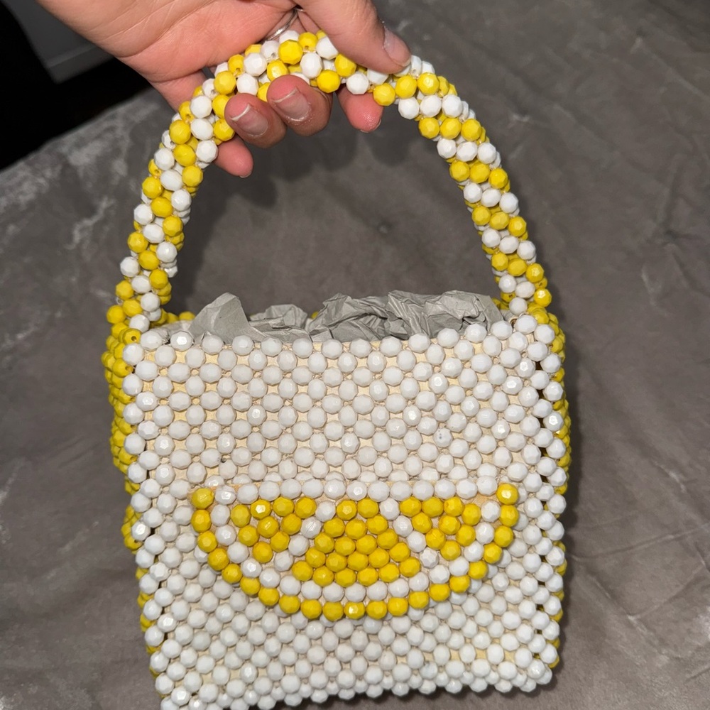 Yellow and White Boxy Beaded Handbag